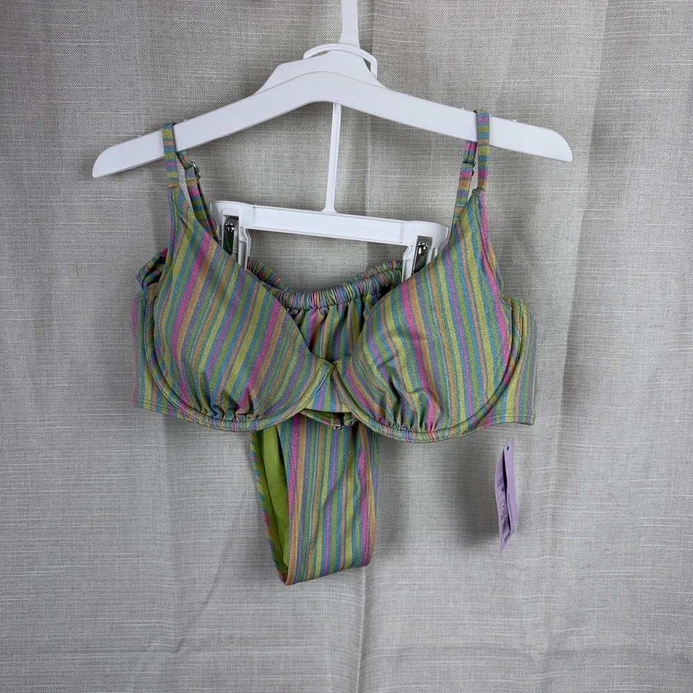 Wild‎ Fable Bikini Swimsuit Set Womens XL Multicolor Stripe Glitter 2 Piece NWT
